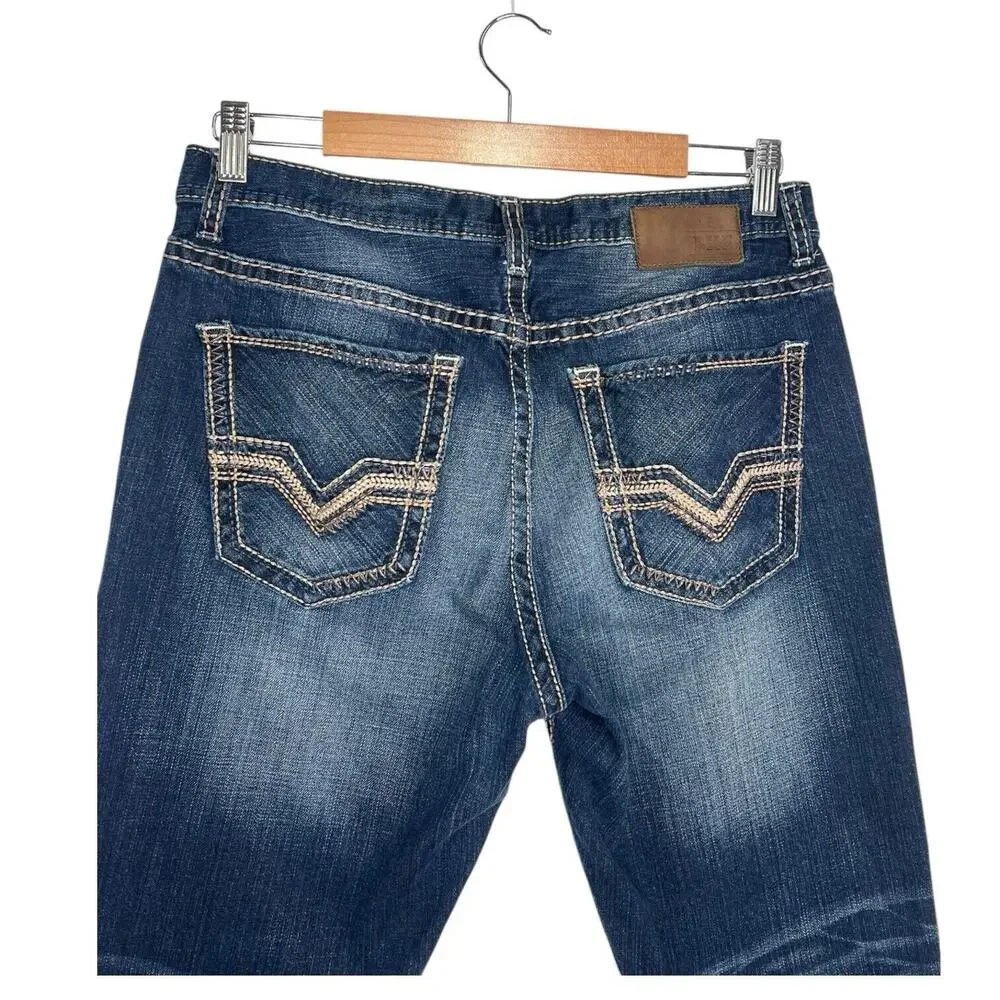 BKE Buckle Jeans Mens 33 Short Ryan Straight Embroidered Wiskering AVM3007 Blue